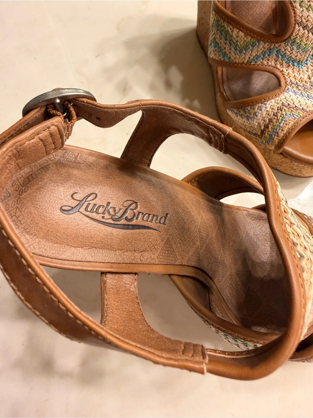 Lucky Wedge Sandals in Tan Multicolor Braided Raffia - Ladies Platform Heels